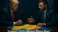 Trump and Zelenskyy at 2025 summit with Ukraine map, NATO and Russian flags, highlighting peace process challenges.