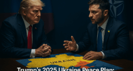 Trump and Zelenskyy at 2025 summit with Ukraine map, NATO and Russian flags, highlighting peace process challenges.