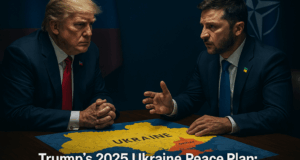 Trump and Zelenskyy at 2025 summit with Ukraine map, NATO and Russian flags, highlighting peace process challenges.