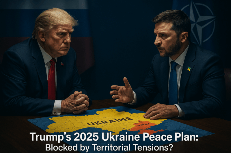 Trump and Zelenskyy at 2025 summit with Ukraine map, NATO and Russian flags, highlighting peace process challenges.