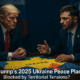 Trump and Zelenskyy at 2025 summit with Ukraine map, NATO and Russian flags, highlighting peace process challenges.