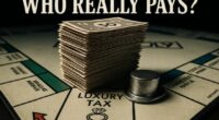 A Monopoly board with stacks of money on the Luxury Tax space, while the middle-class properties are empty, symbolizing the Republican tax bill's effects.