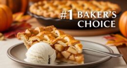 A beautiful slice of Marie Callender's lattice apple pie sits on a plate with a scoop of vanilla ice cream, representing the best store-bought apple pie.