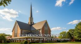 A celebratory image of the iconic Chapel of the Resurrection at Valparaiso University with the text "Valparaiso University: Celebrating 100 Years of Faith and Learning."
