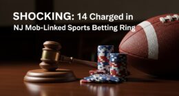 A dramatic image representing the New Jersey illegal sports betting ring, showing a gavel, poker chips, and a football on a dark table with the text "14 Charged in Mob-Linked Betting Ring."