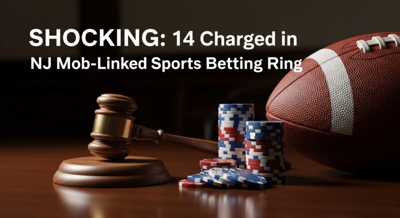 A dramatic image representing the New Jersey illegal sports betting ring, showing a gavel, poker chips, and a football on a dark table with the text "14 Charged in Mob-Linked Betting Ring."