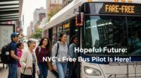 A hopeful, realistic image of a diverse group of people happily boarding a New York City bus with text that reads "NYC's Free Bus Pilot Is Here!"
