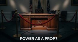 A photo of the Resolute Desk in a replica Oval Office, with a red velvet rope in front of it, symbolizing the controversial use of the presidential symbol.