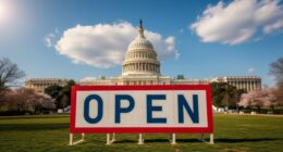 A photo of the U.S. Capitol building with a large "OPEN" sign in front, symbolizing the end of the longest government shutdown.