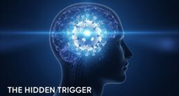 A silhouette of a human head shows a glowing, viral particle in the brain area, symbolizing the hidden link between a virus and dementia.