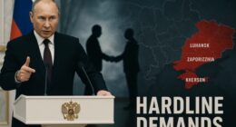 Map of Ukraine highlighting Donetsk, Luhansk, Kherson, and Zaporizhzhia regions.