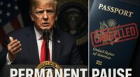 President Trump announcing the permanent migration pause 2025 with a cancelled passport graphic.