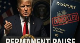 President Trump announcing the permanent migration pause 2025 with a cancelled passport graphic.