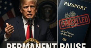President Trump announcing the permanent migration pause 2025 with a cancelled passport graphic.