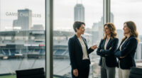 A diverse group of professional women in business attire standing confidently in a modern glass-walled boardroom overlooking a stadium.