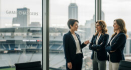 A diverse group of professional women in business attire standing confidently in a modern glass-walled boardroom overlooking a stadium.