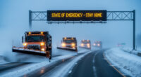 A line of orange New Jersey Department of Transportation snow plows clearing a snow-covered highway during a blizzard, with a digital road sign reading "STATE OF EMERGENCY."
