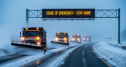 A line of orange New Jersey Department of Transportation snow plows clearing a snow-covered highway during a blizzard, with a digital road sign reading "STATE OF EMERGENCY."