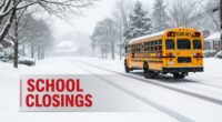 A yellow school bus driving carefully on a snow-covered road in New Jersey with a "SCHOOL CLOSED" graphic overlay.