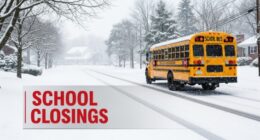 A yellow school bus driving carefully on a snow-covered road in New Jersey with a "SCHOOL CLOSED" graphic overlay.