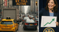 NYC congestion pricing toll gantry over gridlocked traffic contrasted with Governor Hochul press conference.