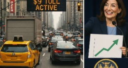 NYC congestion pricing toll gantry over gridlocked traffic contrasted with Governor Hochul press conference.