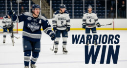 Strider Carhart Manasquan hockey player celebrating a goal against Howell High School.