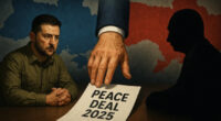 Trump placing a 2025 peace deal document on a table between Zelensky and Putin silhouettes with a map of Ukraine in the background.