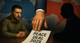 Trump placing a 2025 peace deal document on a table between Zelensky and Putin silhouettes with a map of Ukraine in the background.