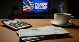 US Treasury check for $2,000 on a table representing the proposed Trump tariff relief payments.